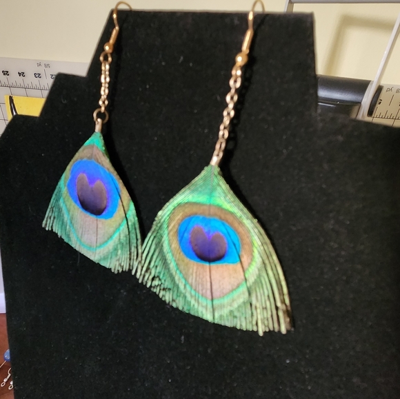 Real peacock feather earrings - Picture 5 of 6